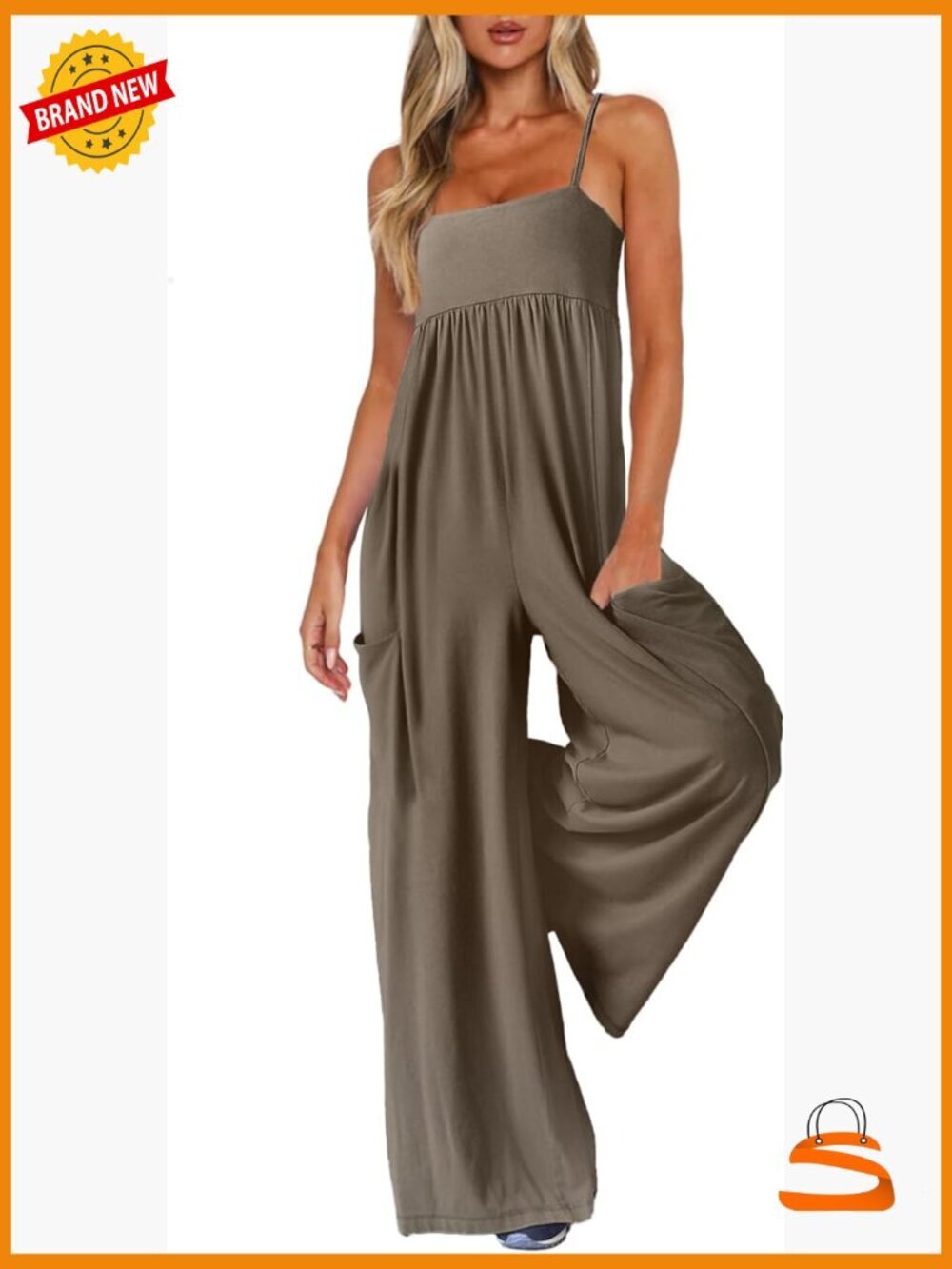 Large Wide Leg Jumpsuit with Pockets, Adjustable Straps, Cotton Blend